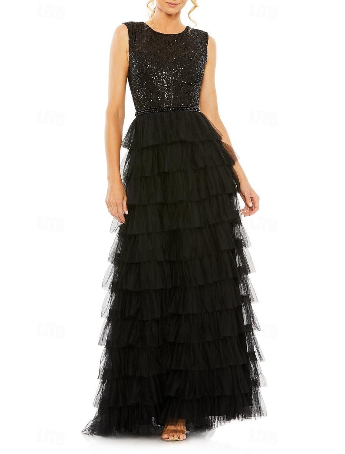 A-Line Wedding Guest Dresses Elegant Dress Formal Evening Party Floor Length Sleeveless Jewel Neck Fall Wedding Guest Tulle with Fringe