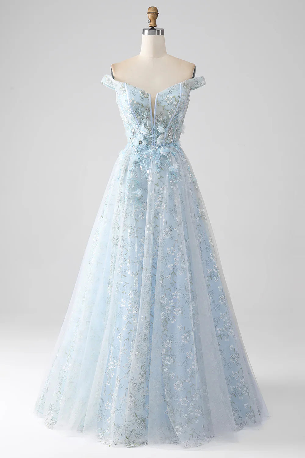 DingJiDress Light Blue A-Line Off the Shoulder Long Corset Prom Dress