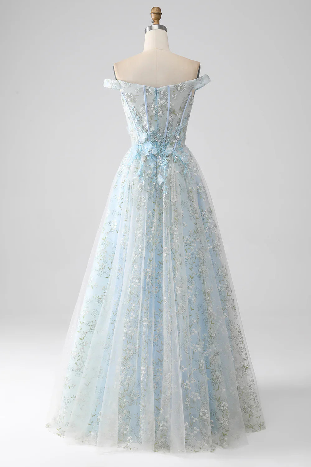 DingJiDress Light Blue A-Line Off the Shoulder Long Corset Prom Dress