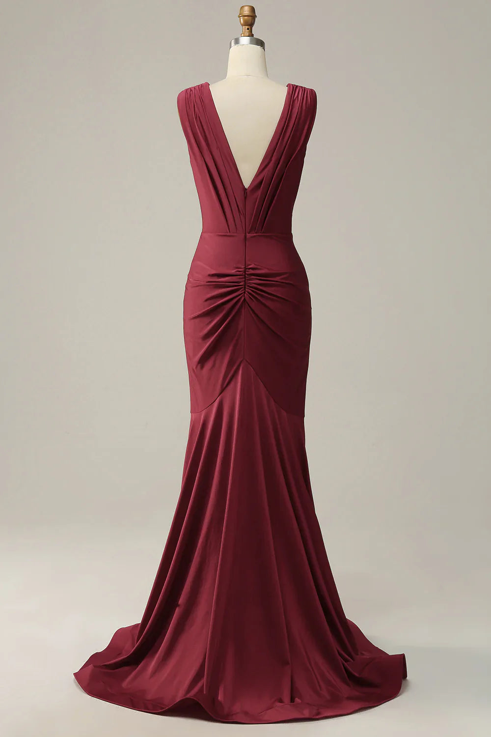 DingJiDress Mermaid Deep V Neck Burgundy Sleeveless Long Prom Dress