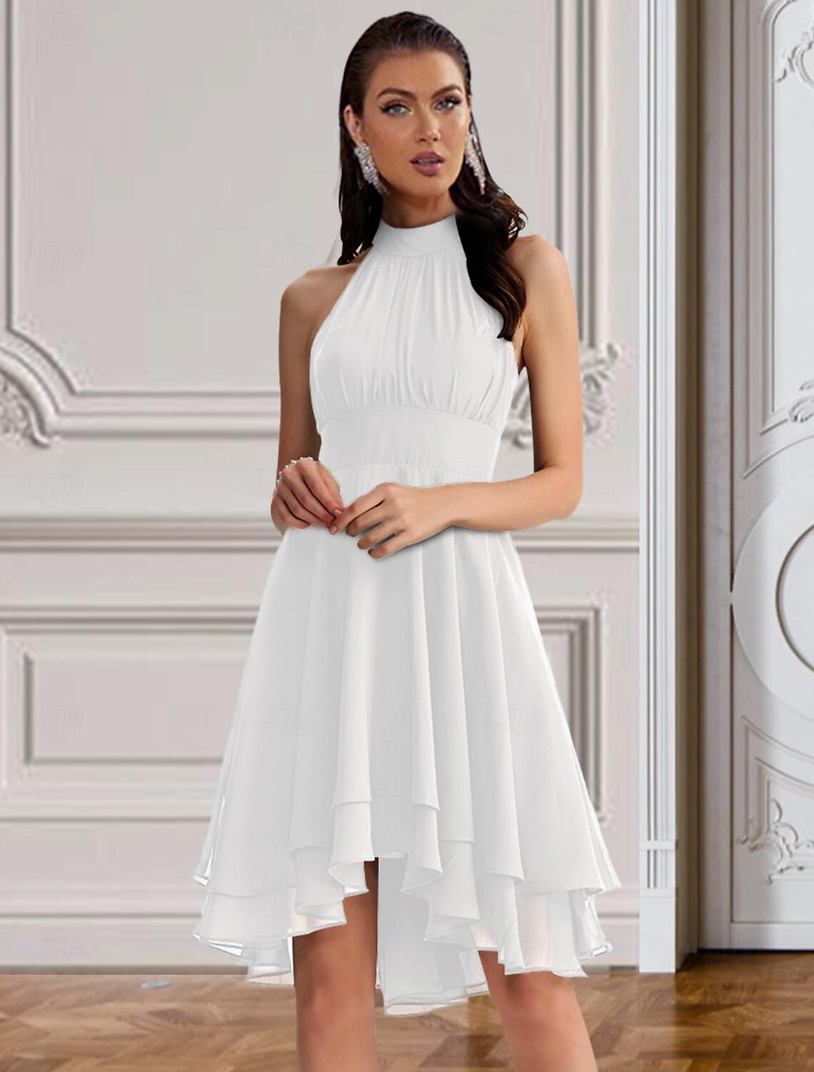 A-Line Cocktail Dresses Party Dress Wedding Guest Engagement Knee Length Sleeveless Halter Neck Chiffon V Back with Sleek Tiered dress to impress