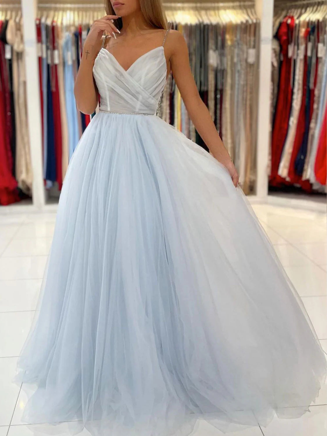Light blue tulle long prom dress  blue tulle formal dress