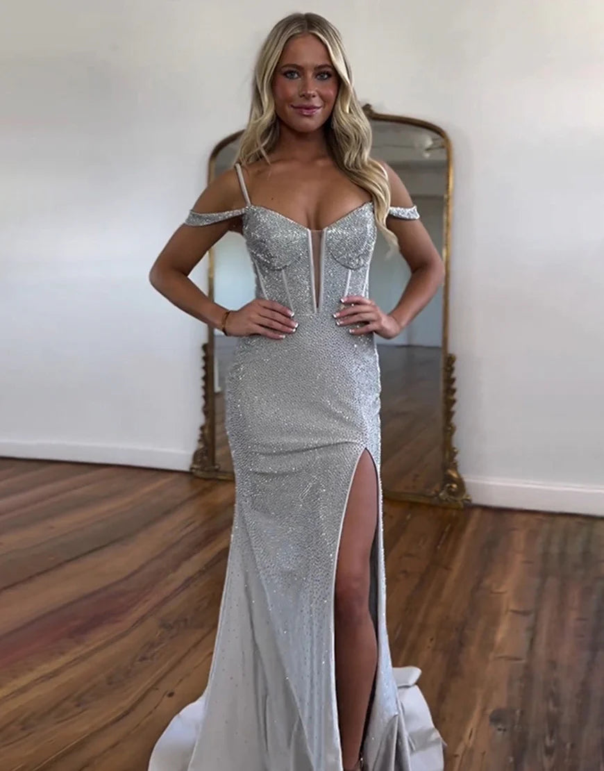 Grey beaded mermaid long slit ball dress