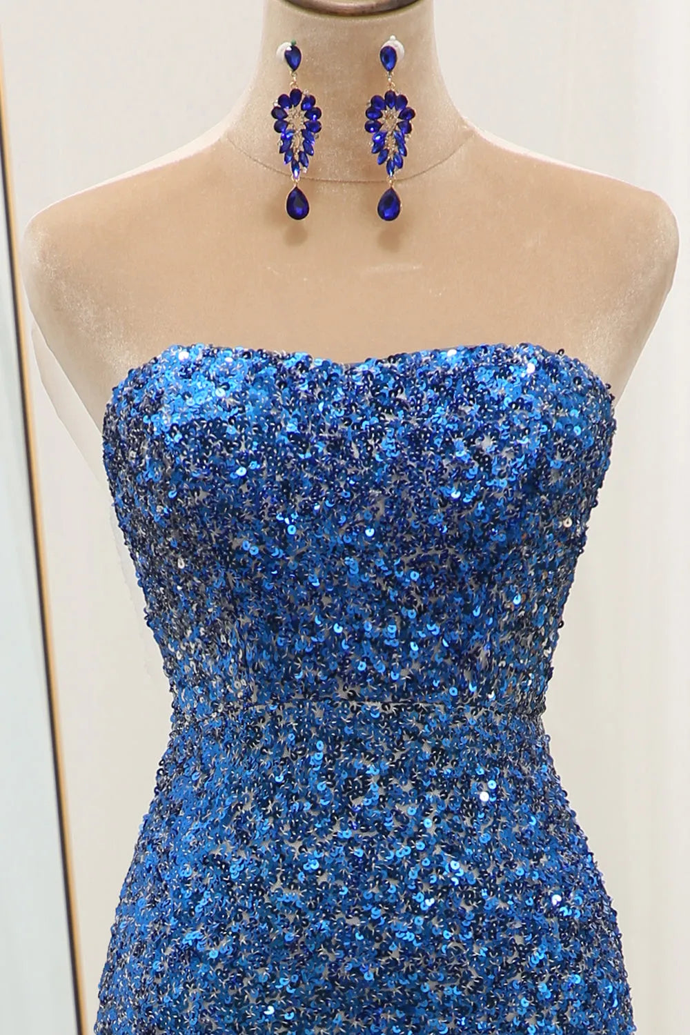 Blue sequin long mermaid strapless ball party dress