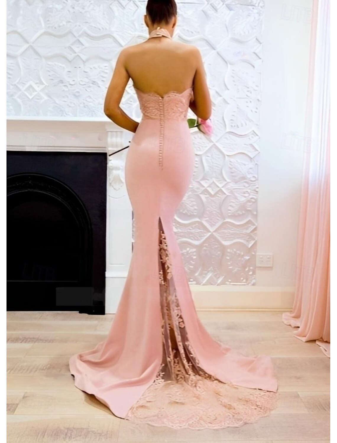 Mermaid Trumpet Evening Gown Elegant Dress Formal Evening Party Floor Length Sleeveless Halter Neck Fall Wedding Guest Satin with Buttons Slit