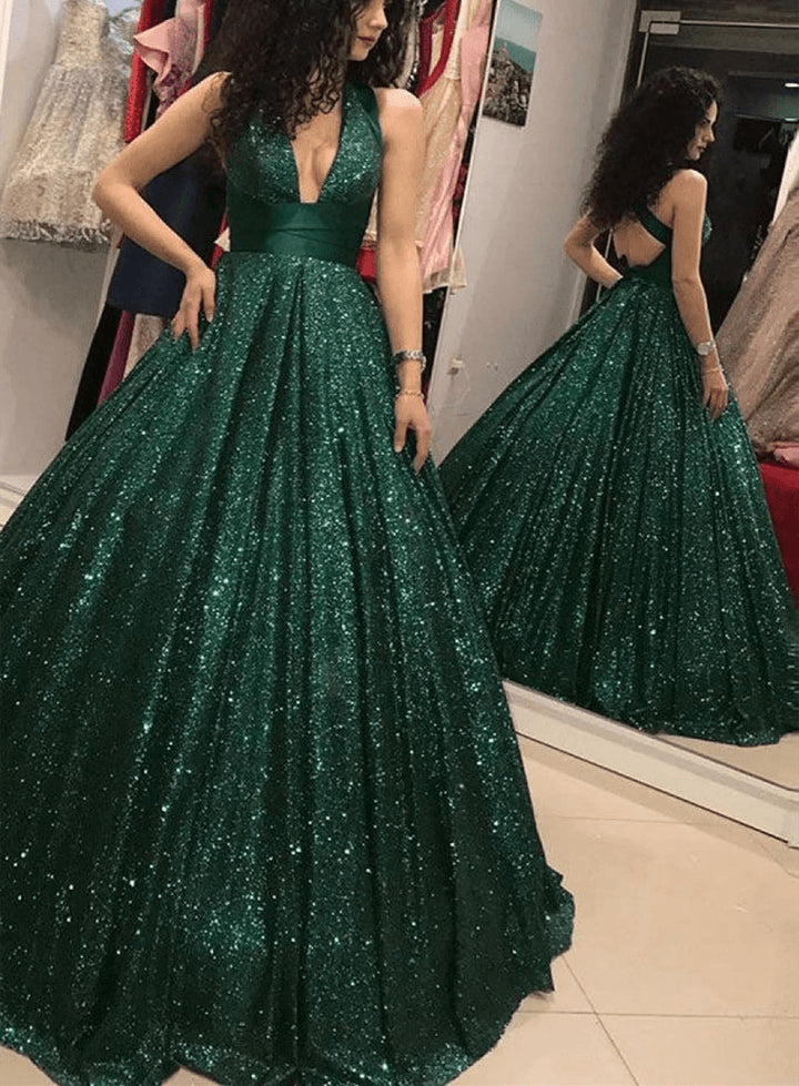 Green Ball Gown Shiny Long Formal DressGreen Cross Back Evening Gown