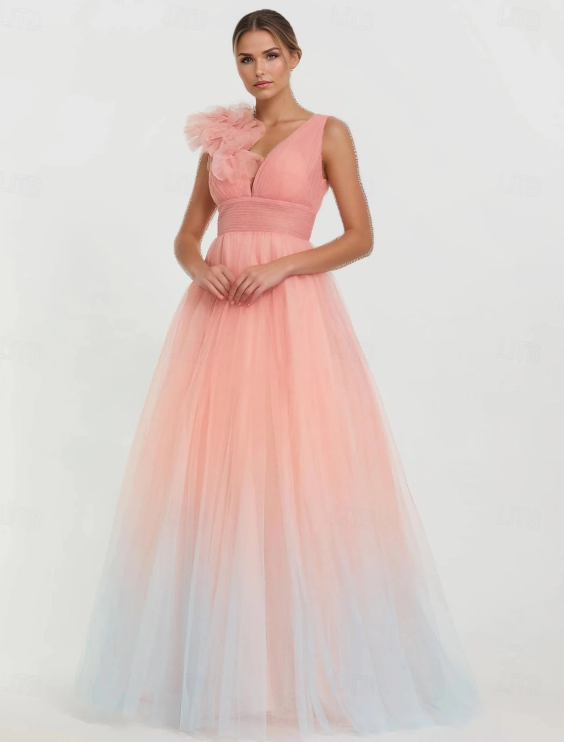 Pink Ball Gown A-Line Prom Dresses Elegant Dress Formal Wedding Floor Length Sleeveless V Neck Tulle with Shouder Flower