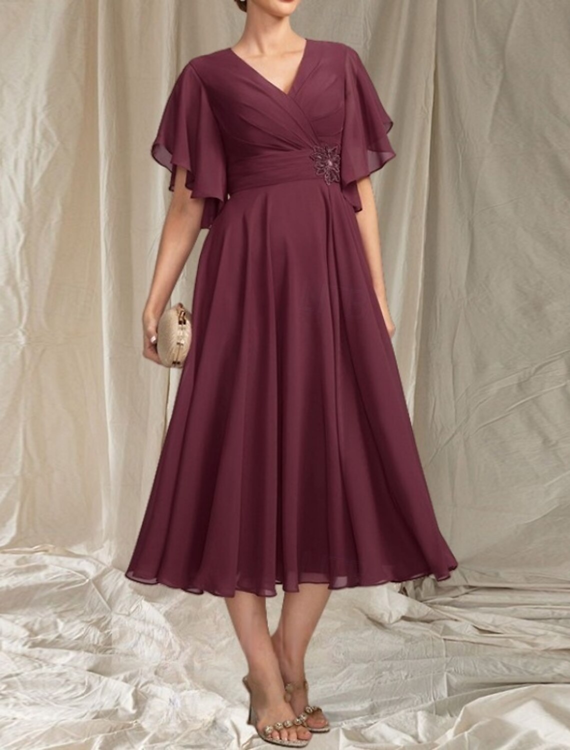 A-Line Mother of the Bride Dress Wedding Guest Elegant V Neck Tea Length Chiffon Short Sleeve with Appliques Ruching Midi Dress