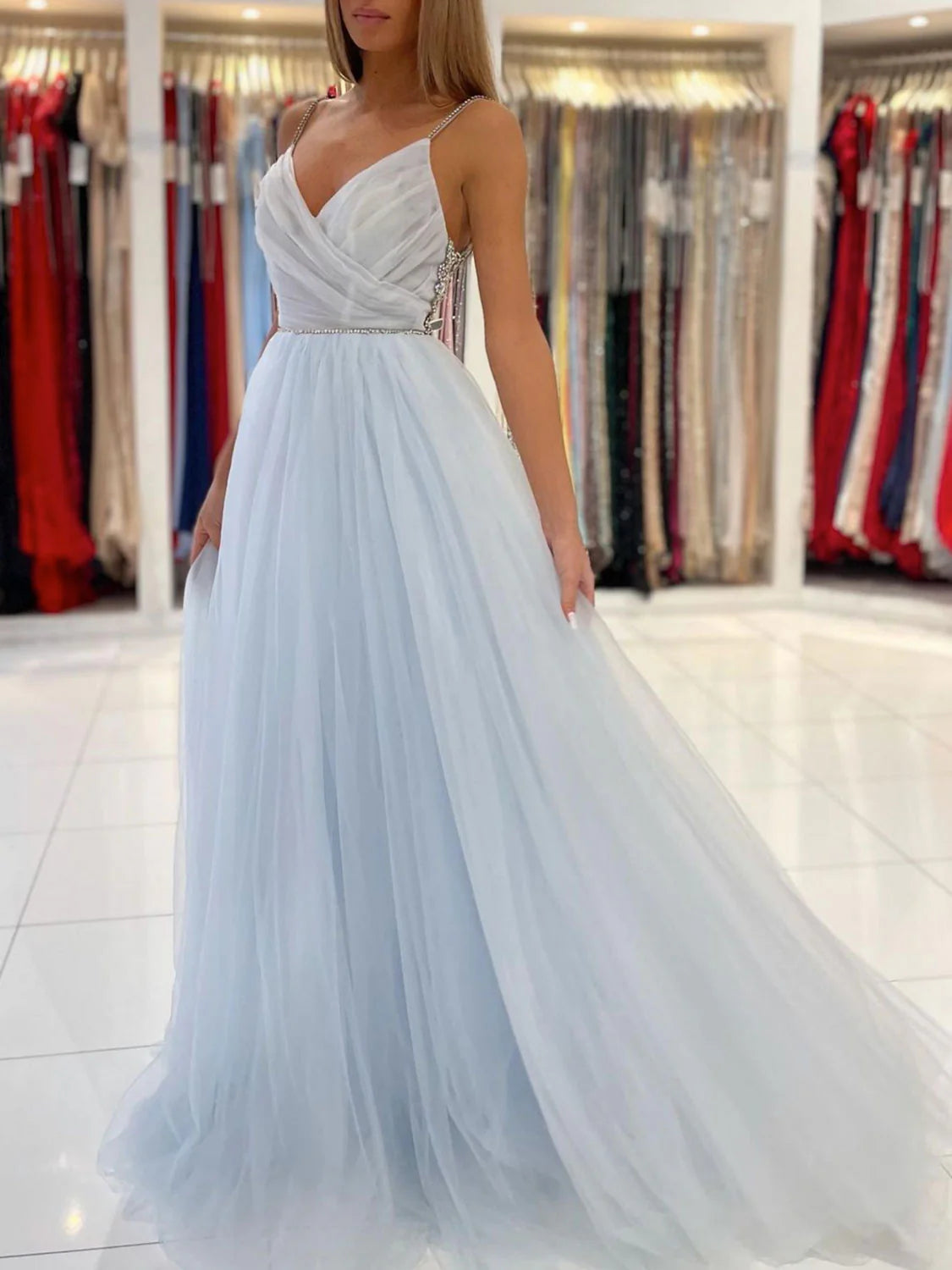 Light blue tulle long prom dress  blue tulle formal dress