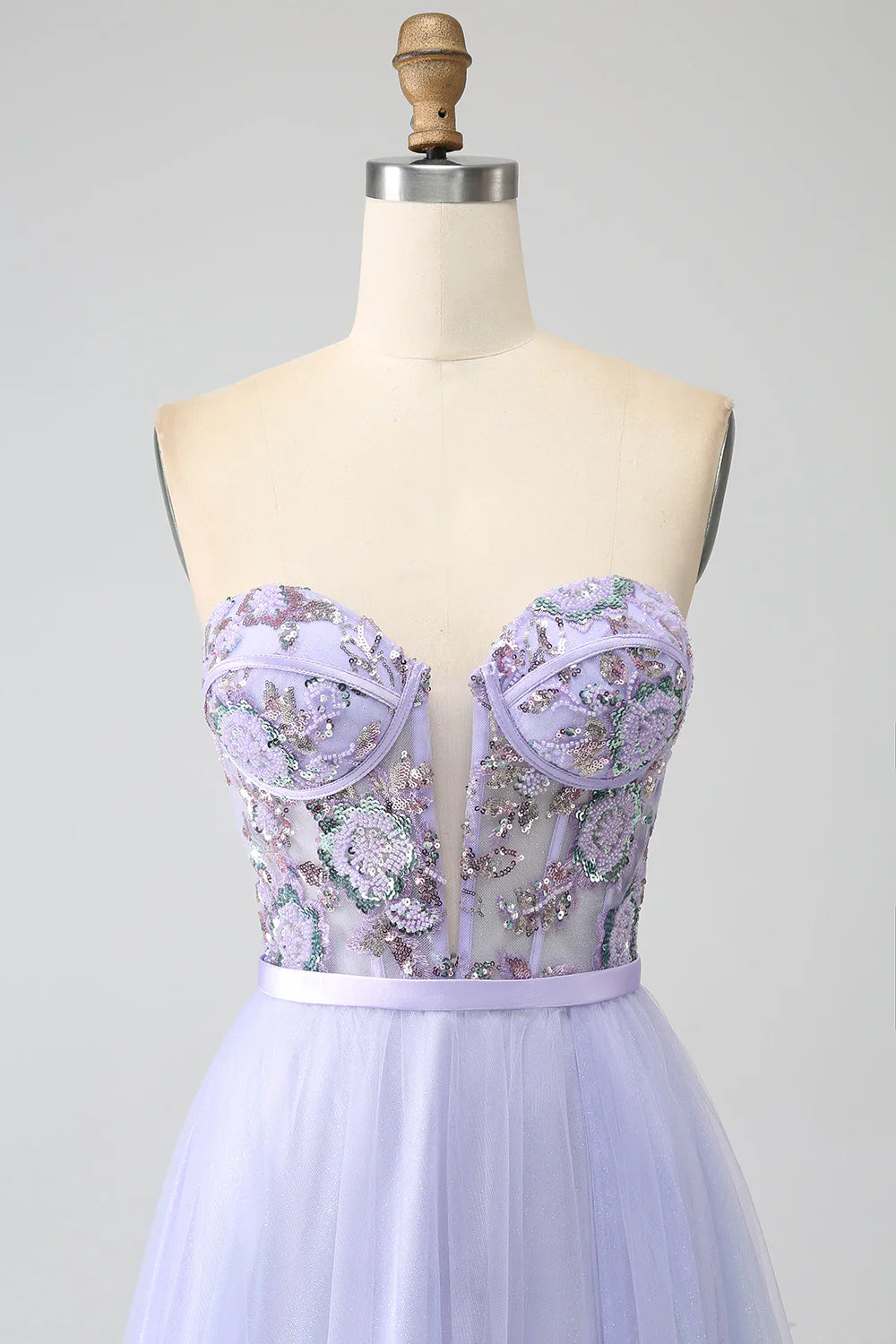 DingJiDress Lavender A Line Tulle Corset Prom Dress with Slit