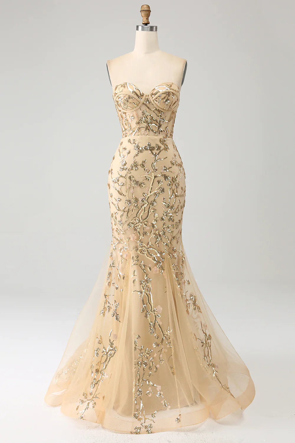 DingJiDress Mermaid Champagne Sparkly Corset Prom Dress