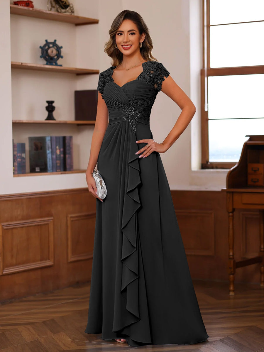A-Line/Princess V-Neck Short Sleeves Pleated Mother of the Bride Groom Dresses with Ruffles &Appliques