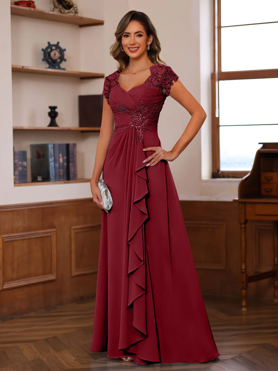 A-Line/Princess V-Neck Short Sleeves Pleated Mother of the Bride Groom Dresses with Ruffles &Appliques