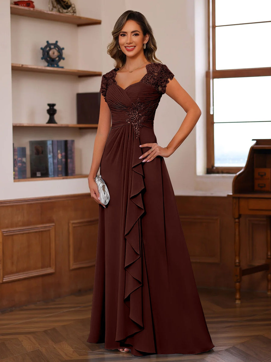 A-Line/Princess V-Neck Short Sleeves Pleated Mother of the Bride Groom Dresses with Ruffles &Appliques