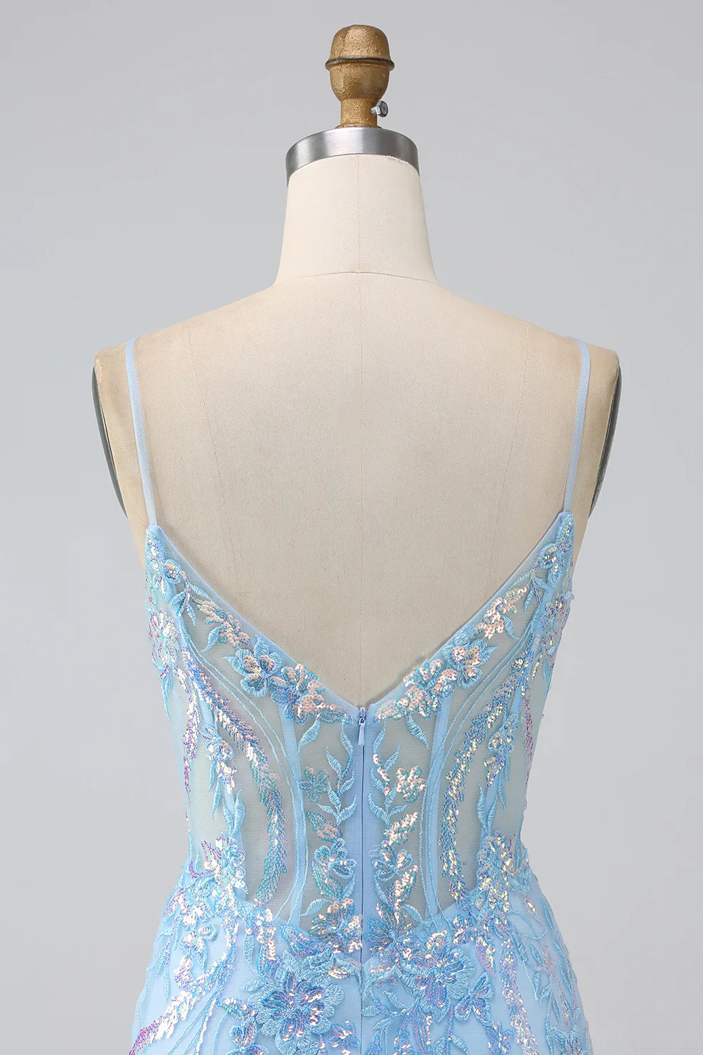 DingJiDress Sparkly Light Blue Mermaid Spaghetti Straps Long Prom Dress With Beading