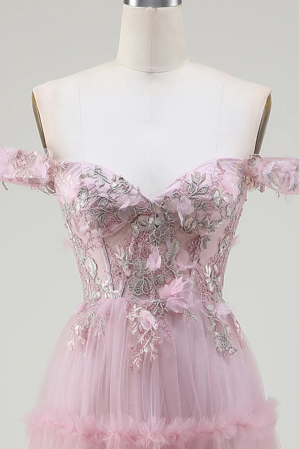 DingJiDress Off the Shoulder Tulle Pink Prom Dress with Appliques