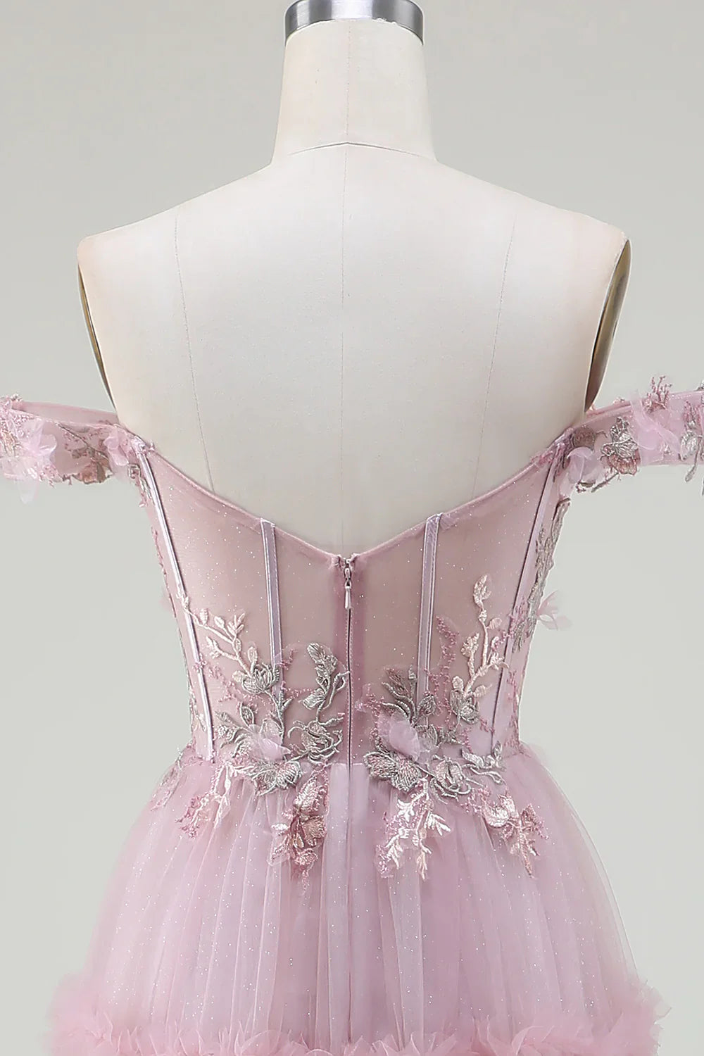 DingJiDress Off the Shoulder Tulle Pink Prom Dress with Appliques