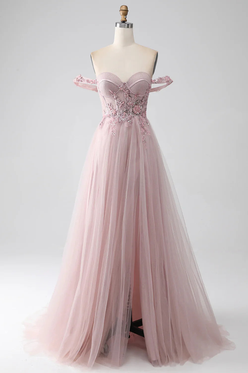 DingJiDress Off the Shoulder A Line Beaded Prom Dress with Slit