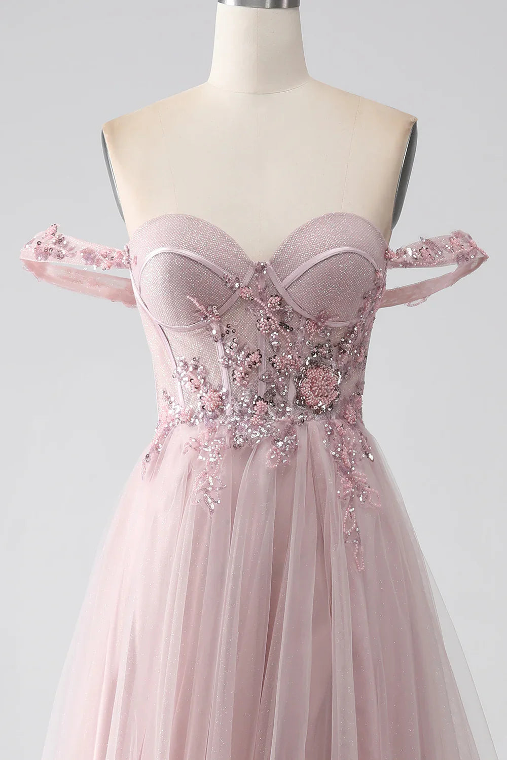 DingJiDress Off the Shoulder A Line Beaded Prom Dress with Slit