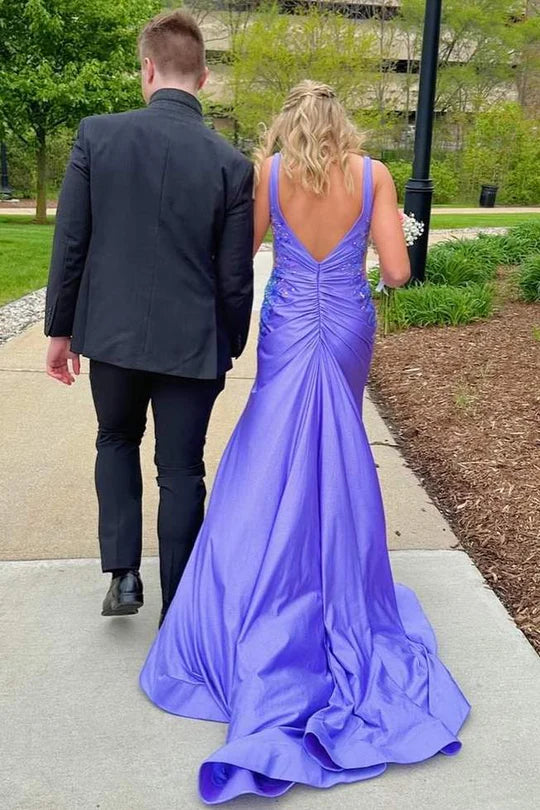 Mermaid Deep V-Neck Appliques Side Slit Long Prom Dress with Train