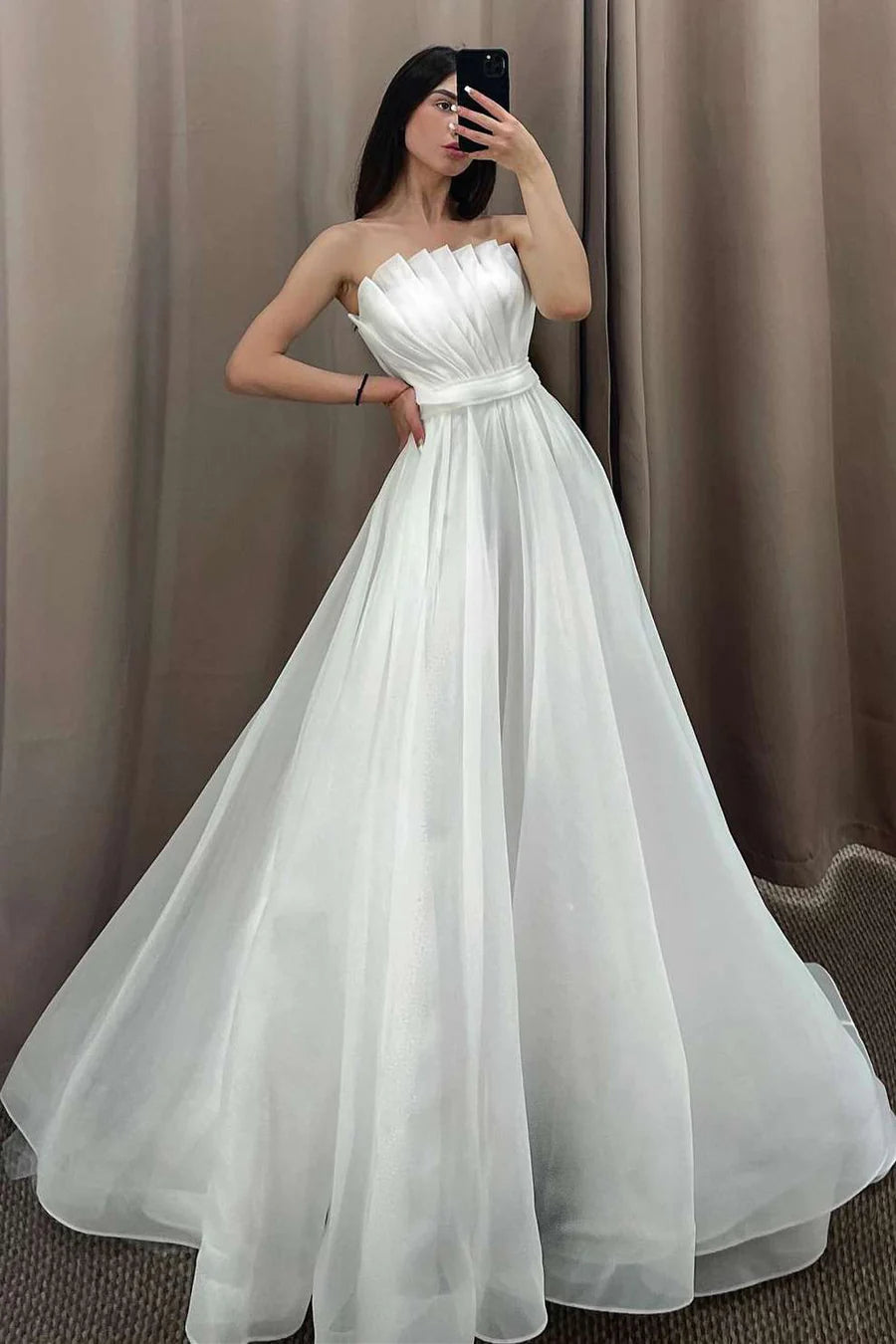 White Strapless Pleated A-Line Long Wedding Dress with Sleeves