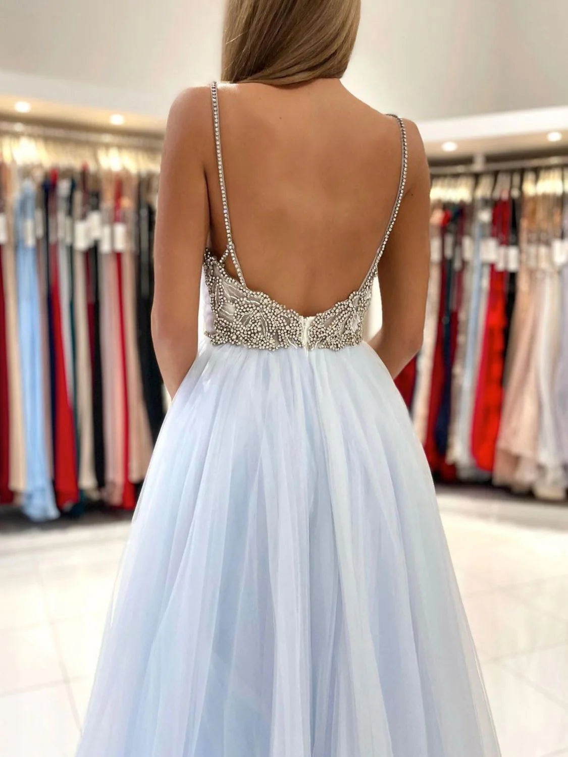 Light blue tulle long prom dress  blue tulle formal dress
