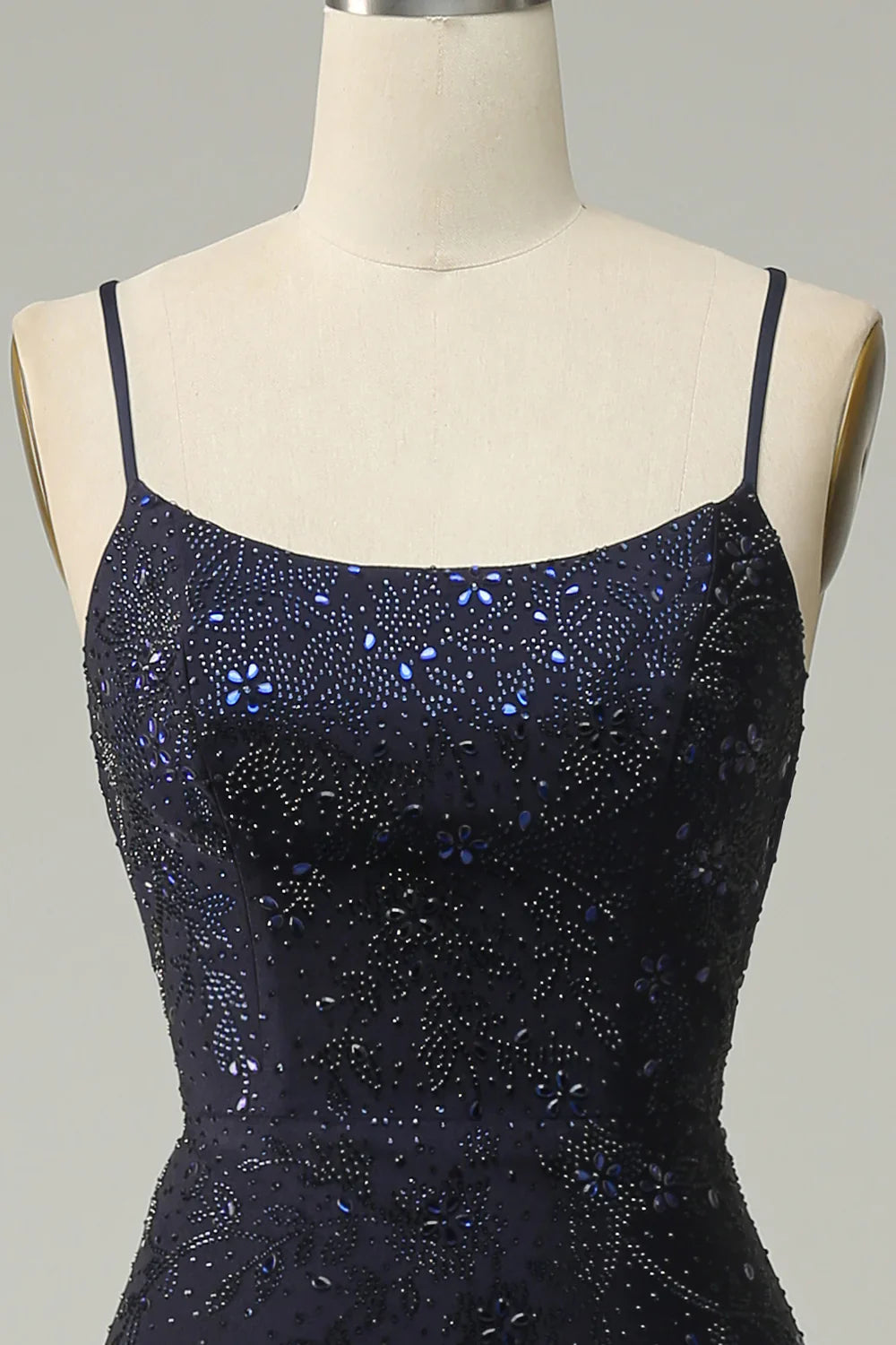 DingJiDress Navy Spaghetti Straps Beaded Mermaid Prom Dress with Split