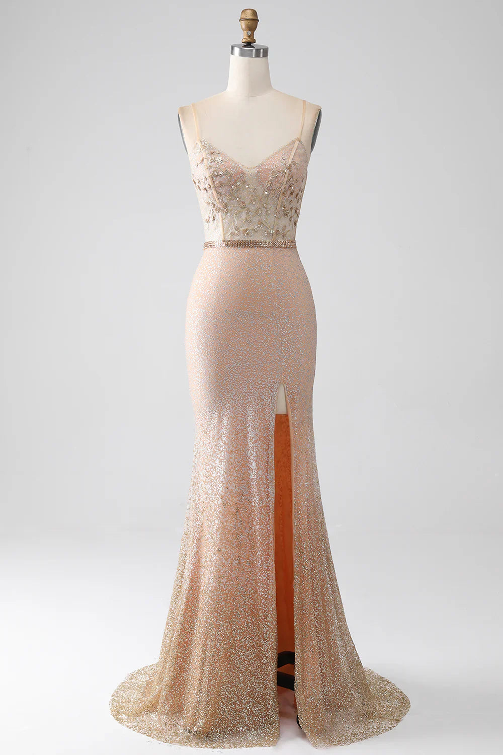 DingJiDress Mermaid Champagne Spaghetti Straps Long Prom Dress with Slit