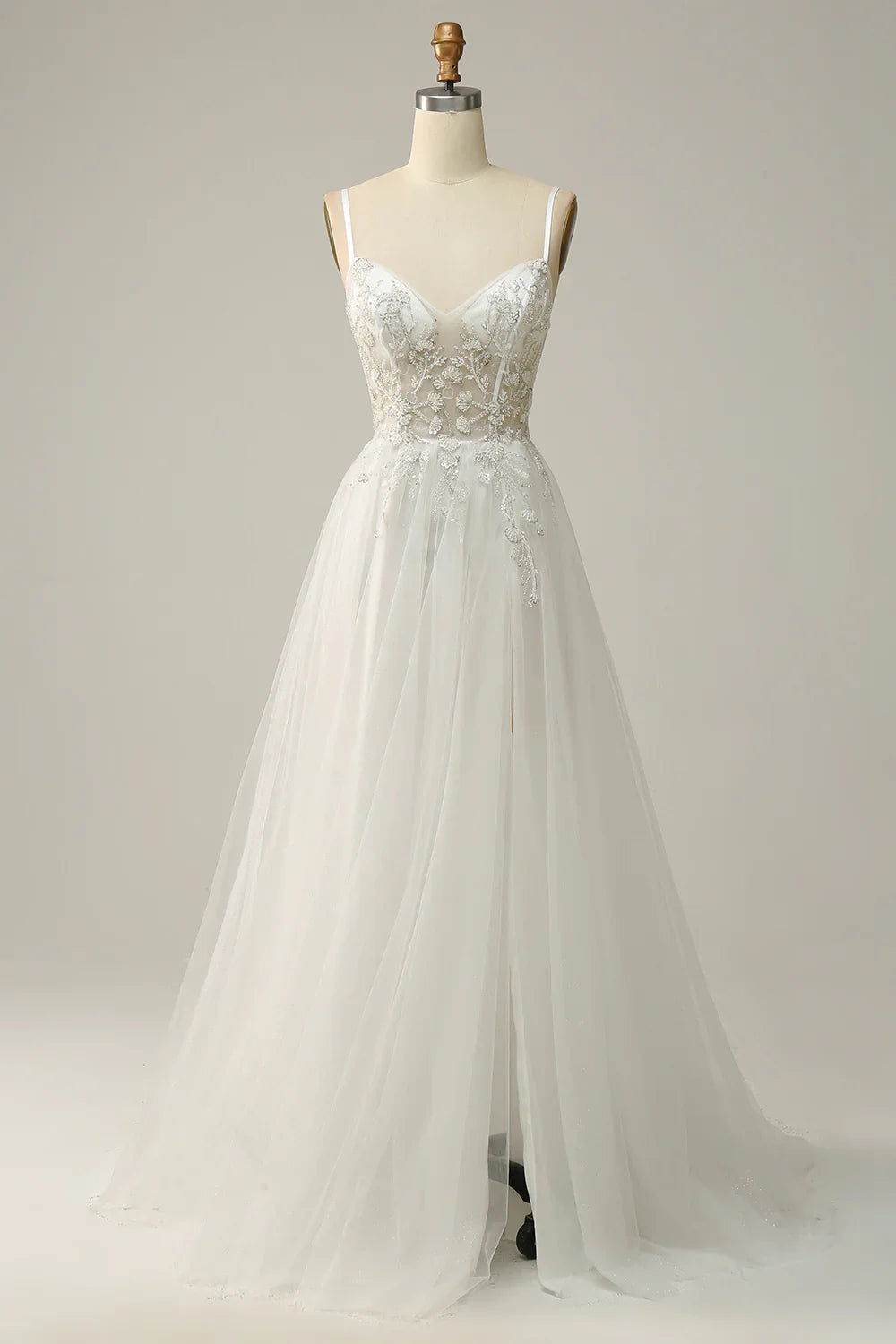 DingJiDress A Line Spaghetti Straps White Long Bridal Dress with Appliques
