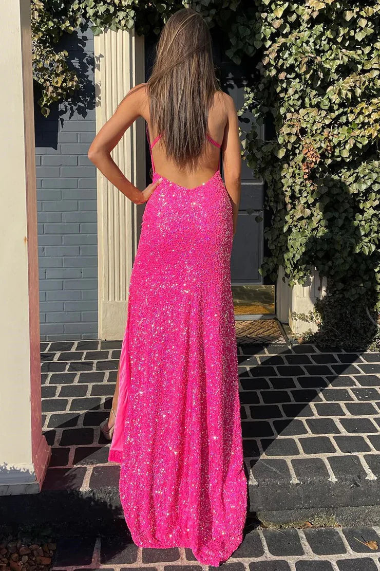 Charming Mermaid V Neck Hot Pink Sequins Long Prom Dresses with Slit