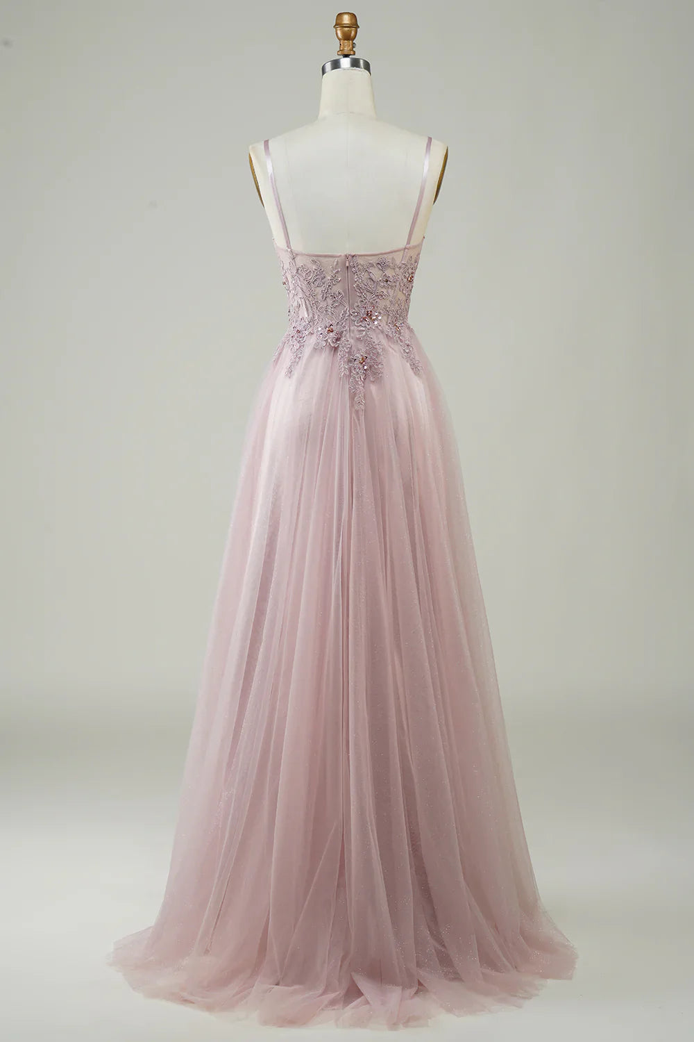 DingJiDress Sparkly Blush A-Line Tulle Long Prom Dress with Lace