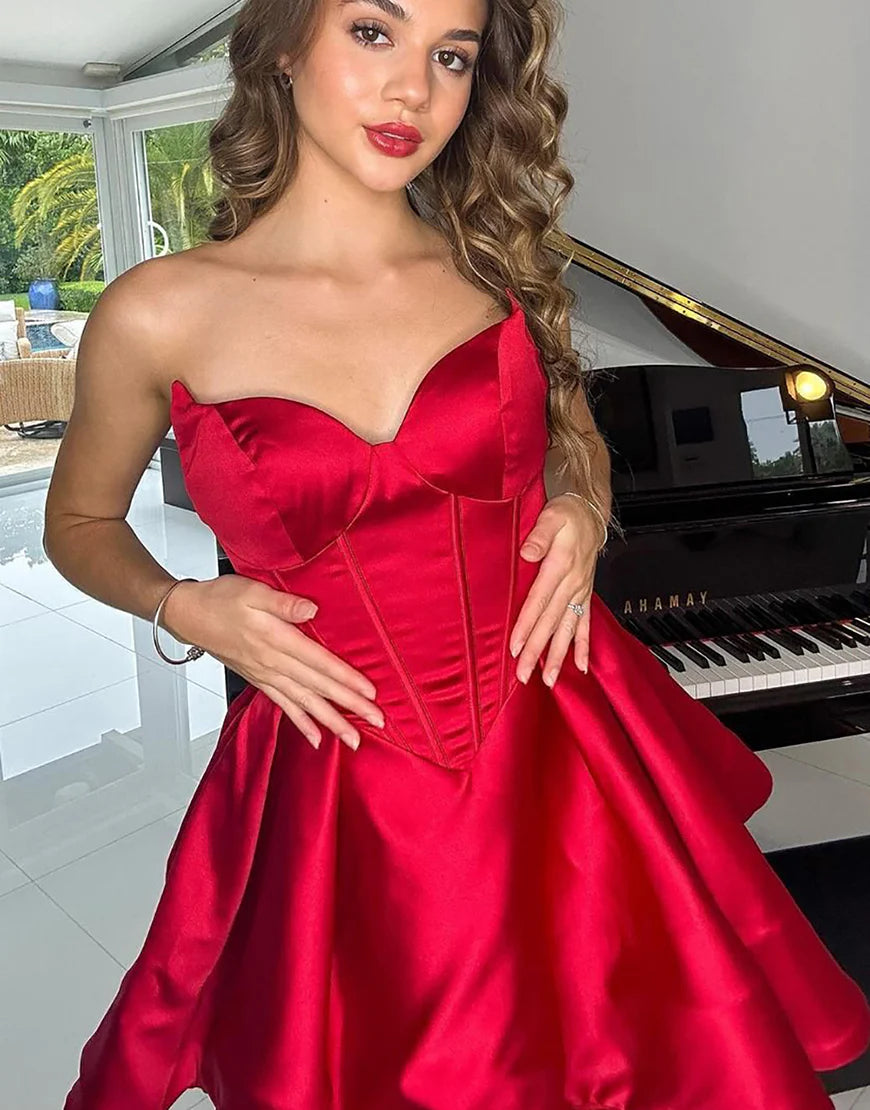 Cute A Line Sweetheart Red Satin Corset Homecoming Dress