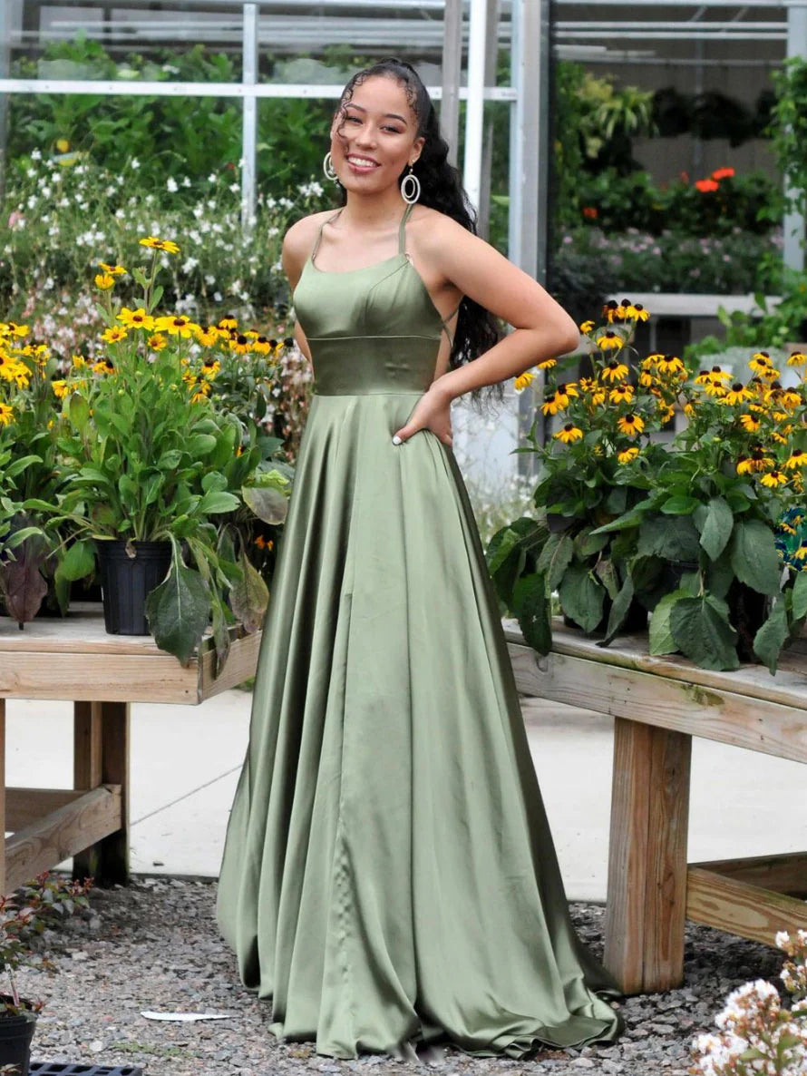 Simple green satin long prom dress green evening dress