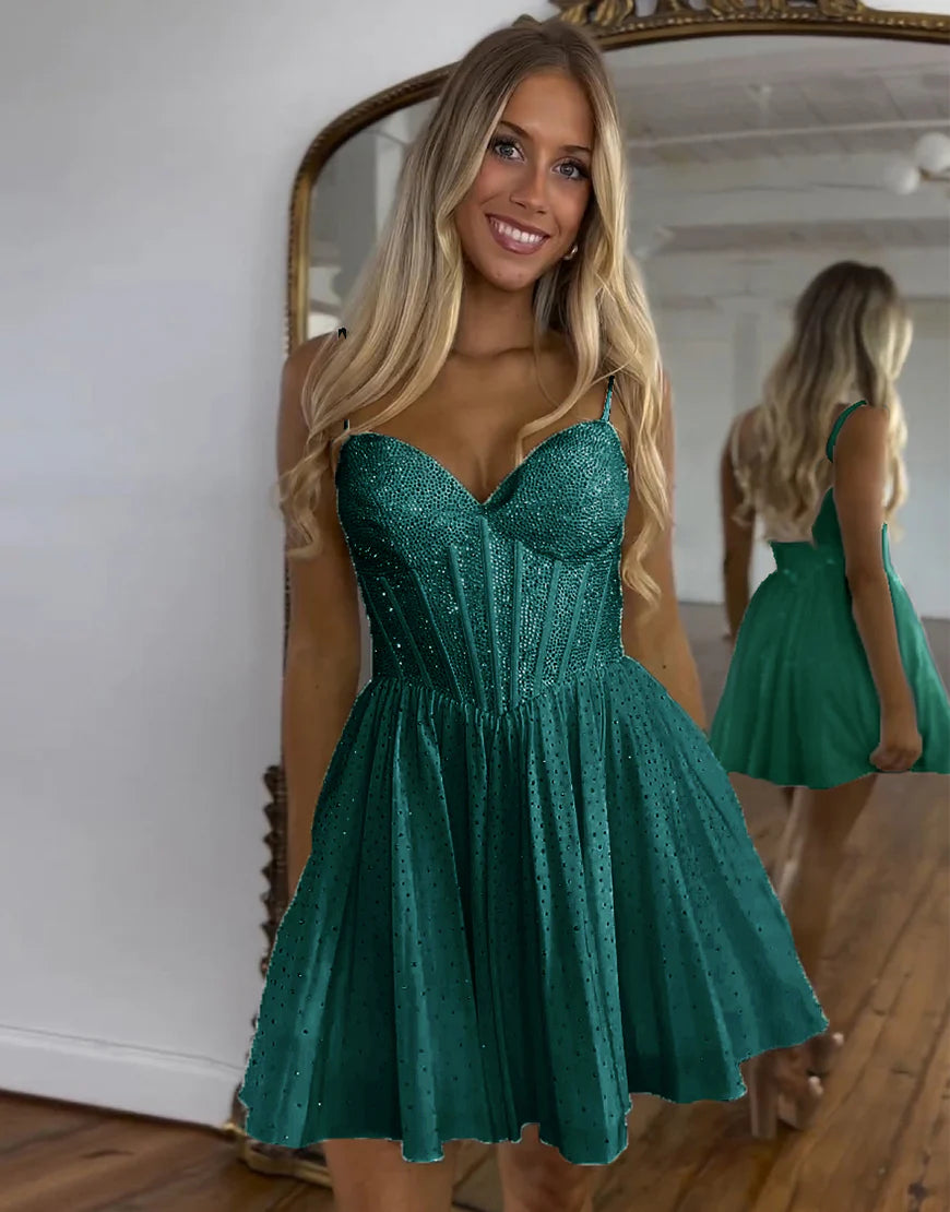 Dark Green A-Line Spaghetti Straps Corset Pleated Homecoming Dress ﻿