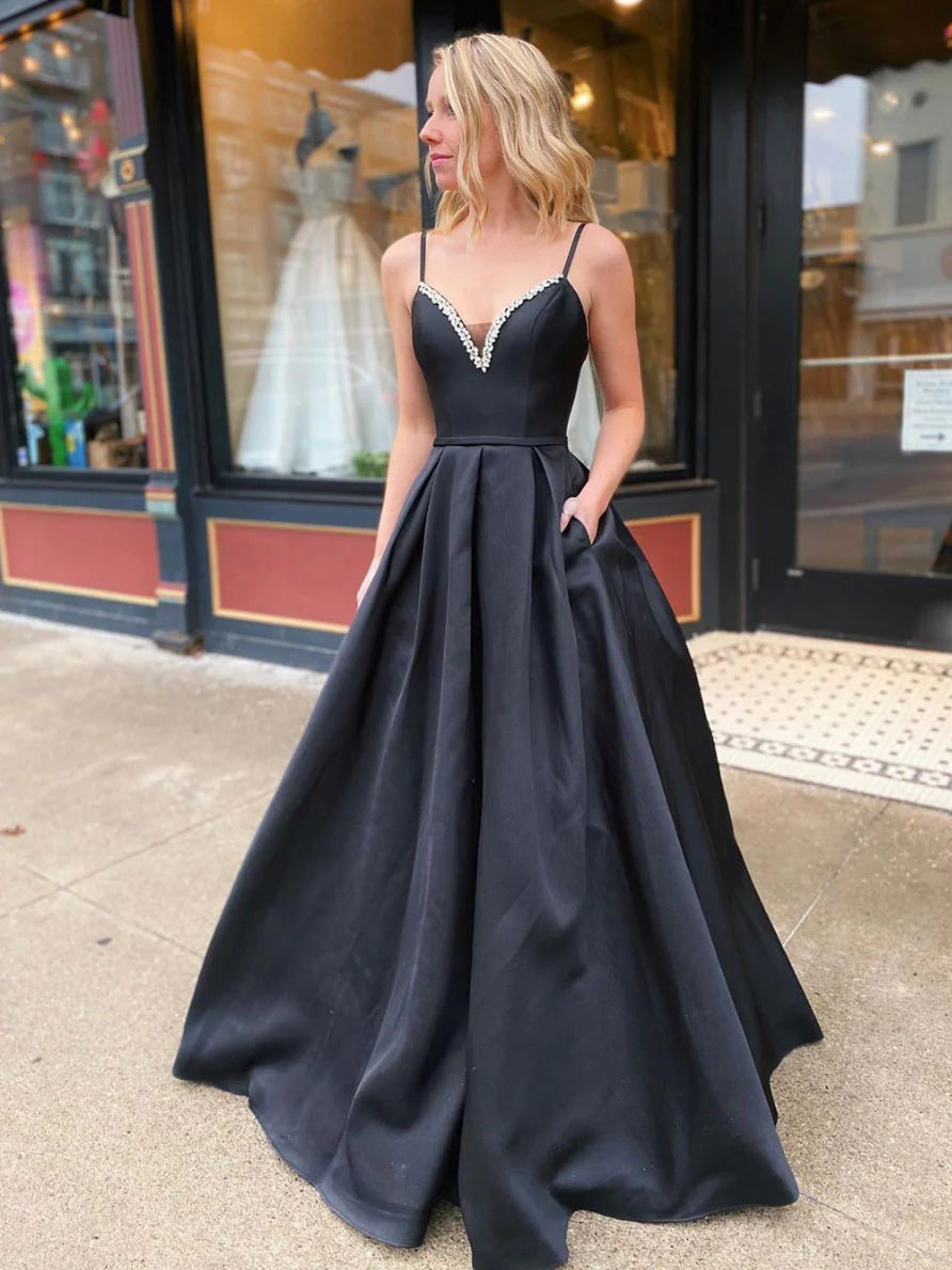 Simple black satin long prom dress black satin evening dress