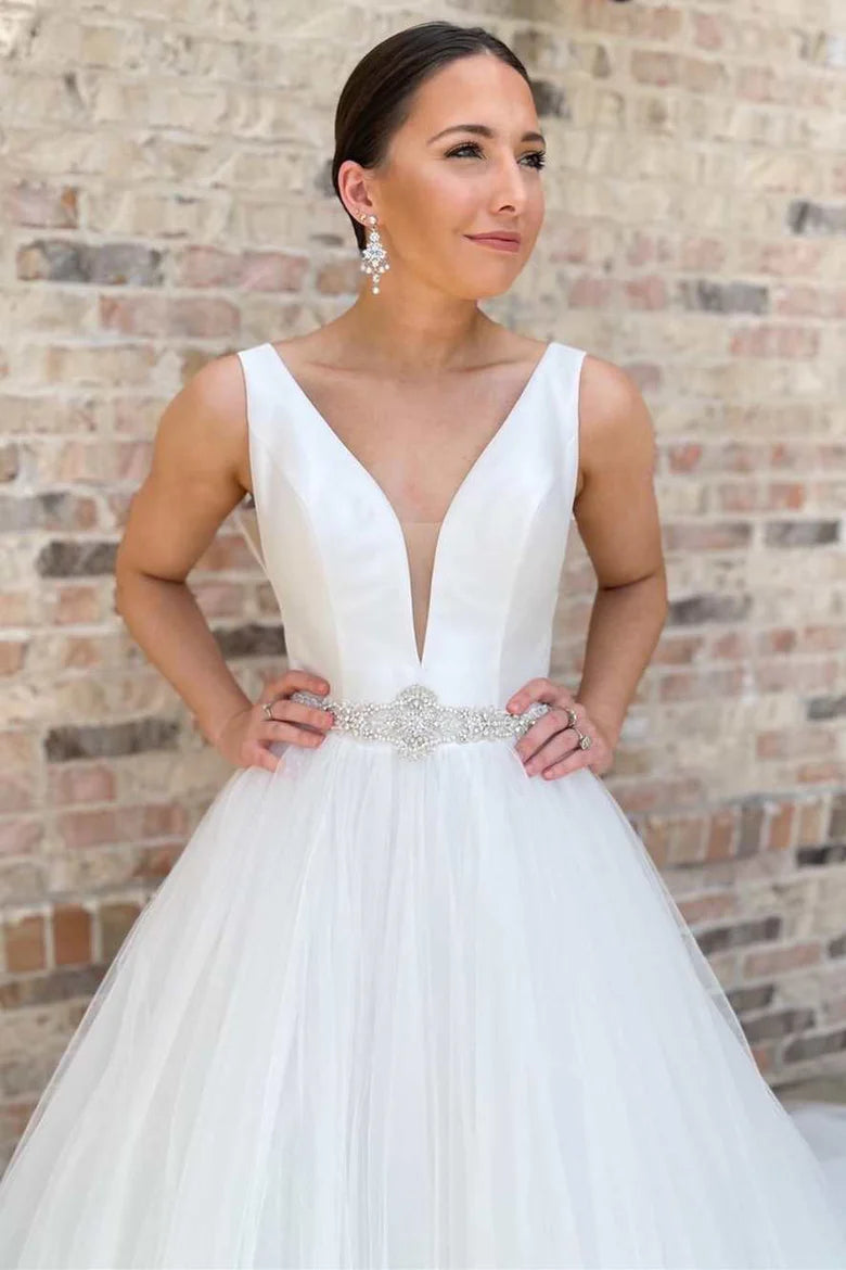 White V-Neck A-Line Long Wedding Dress with Belt