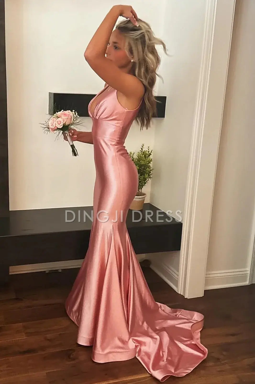 DingJiDress Stylish Mermaid V Neck Long with Sweep Train Elegant Prom Dress