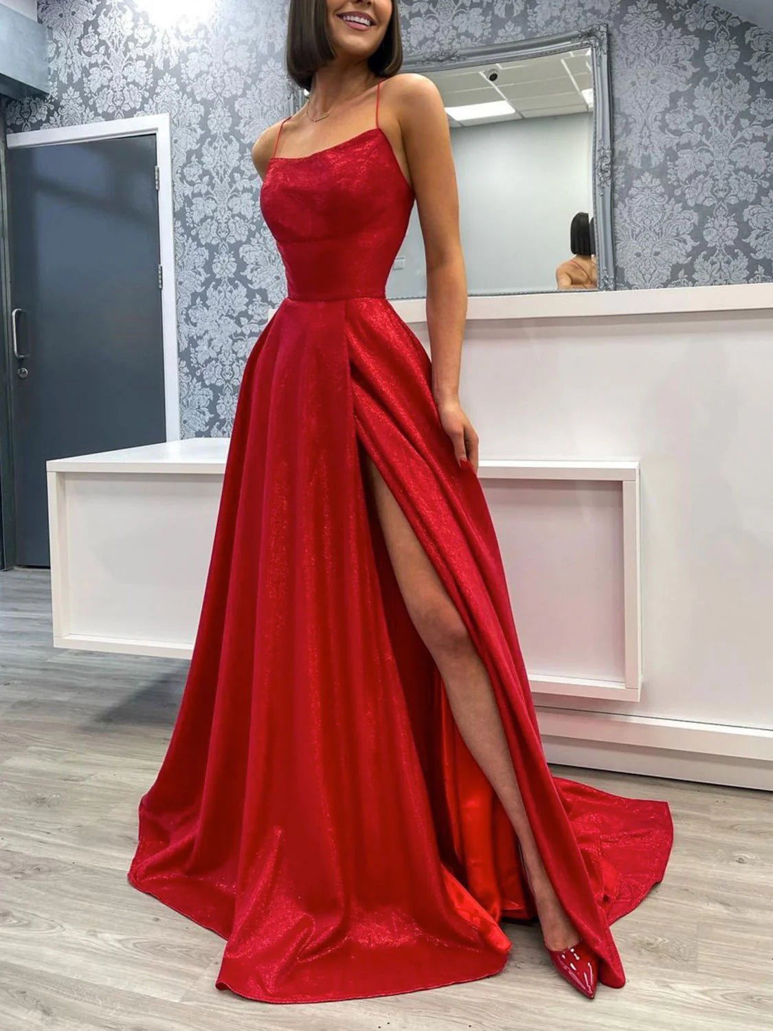 Simple burgundy satin long prom dress evening dress