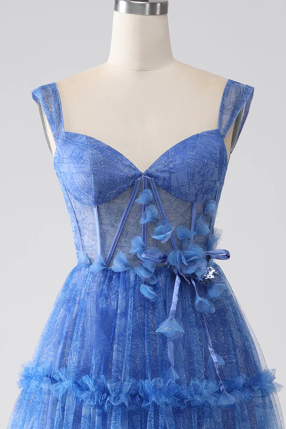DingJiDress Blue Printed A Line Tulle Corset Prom Dress