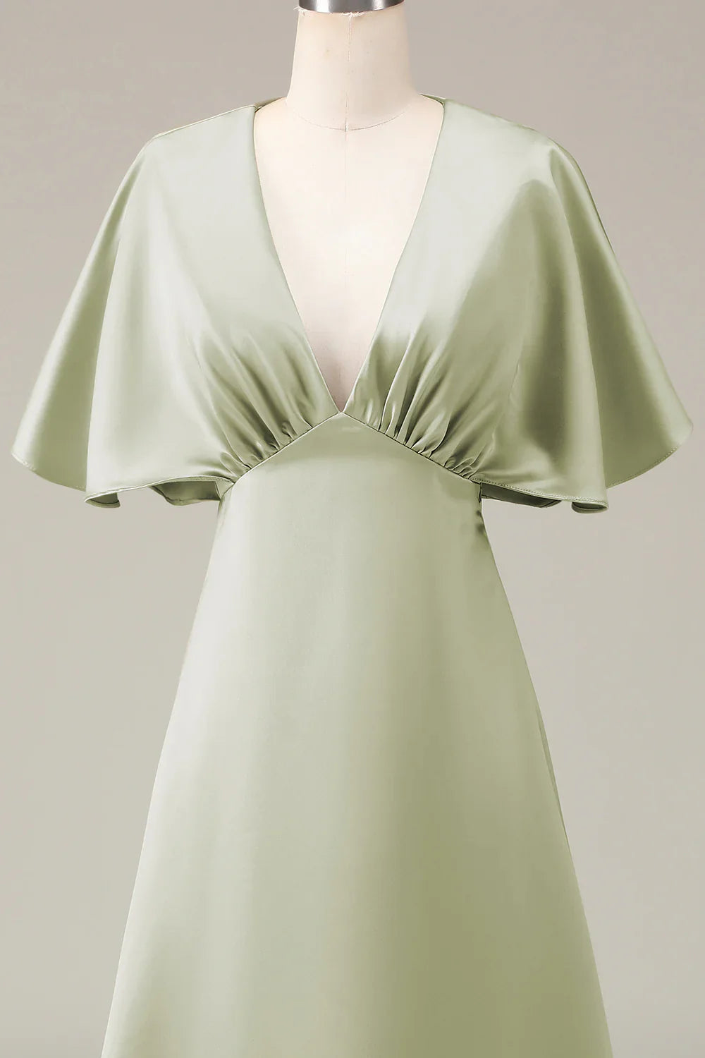 DingJiDress Dusty Sage V-neck Short Sleeves A-line Satin Bridesmaid Dress