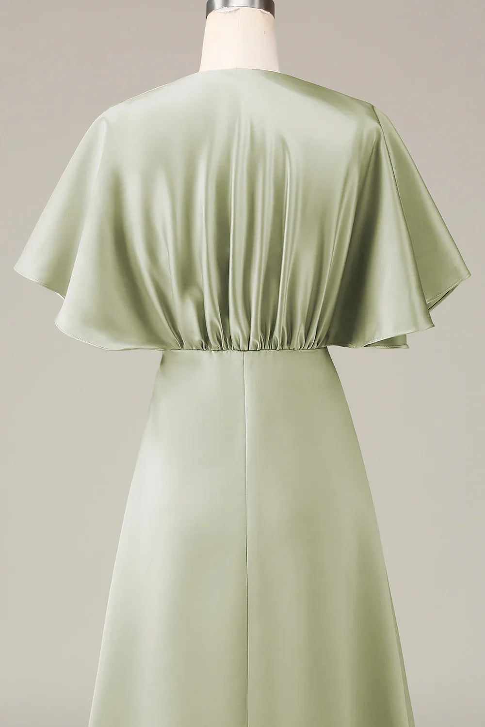 DingJiDress Dusty Sage V-neck Short Sleeves A-line Satin Bridesmaid Dress