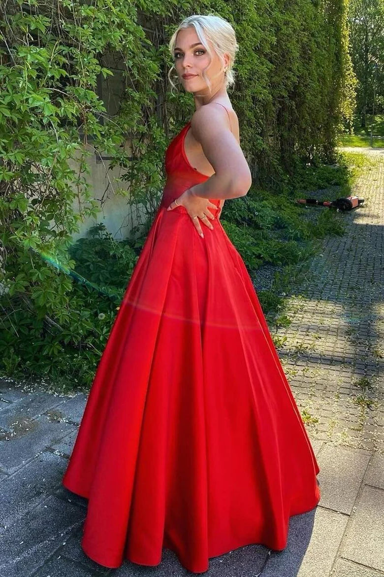 Simple Red A-line V-Neck Long Prom Dress