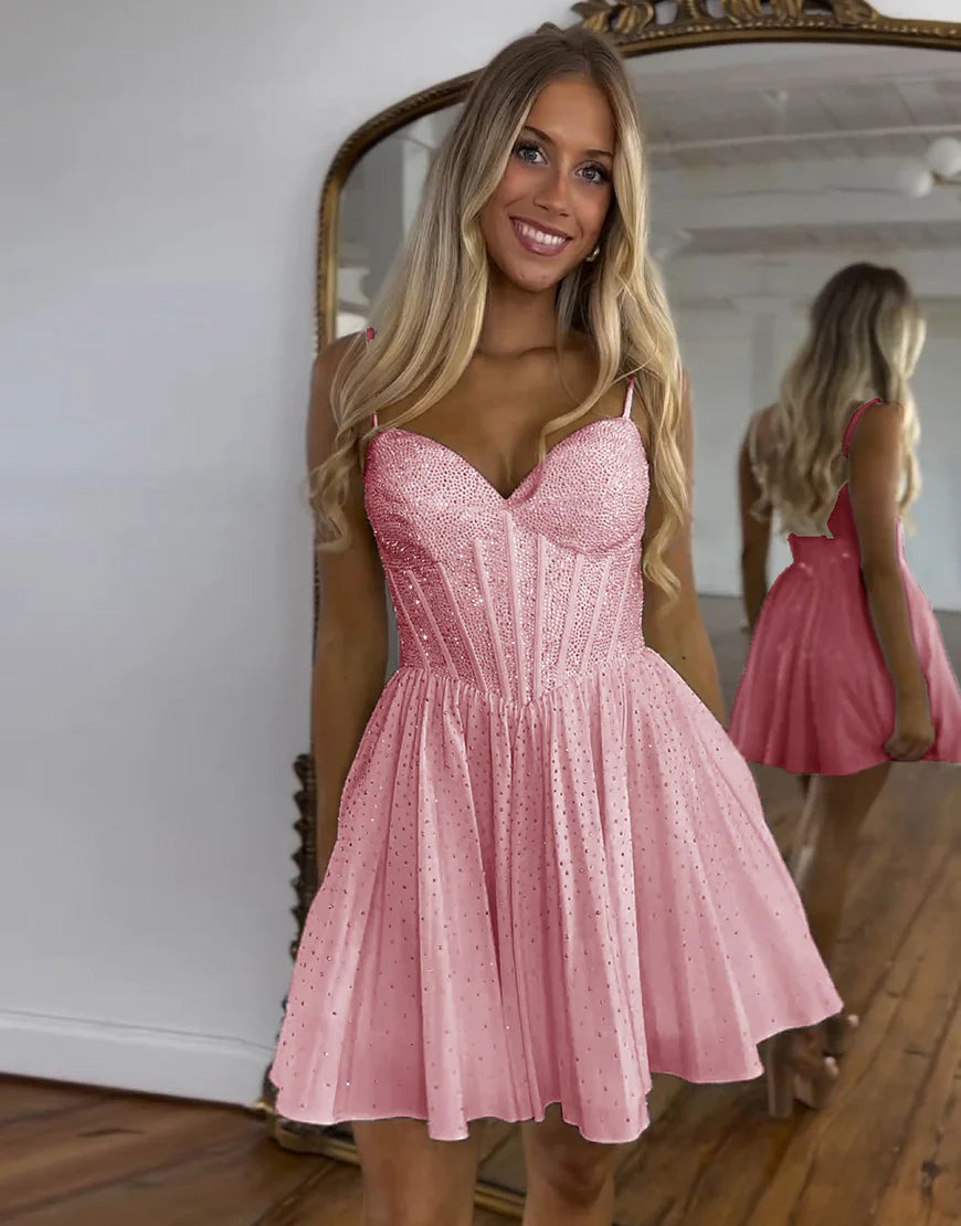 Dark Green A-Line Spaghetti Straps Corset Pleated Homecoming Dress ﻿