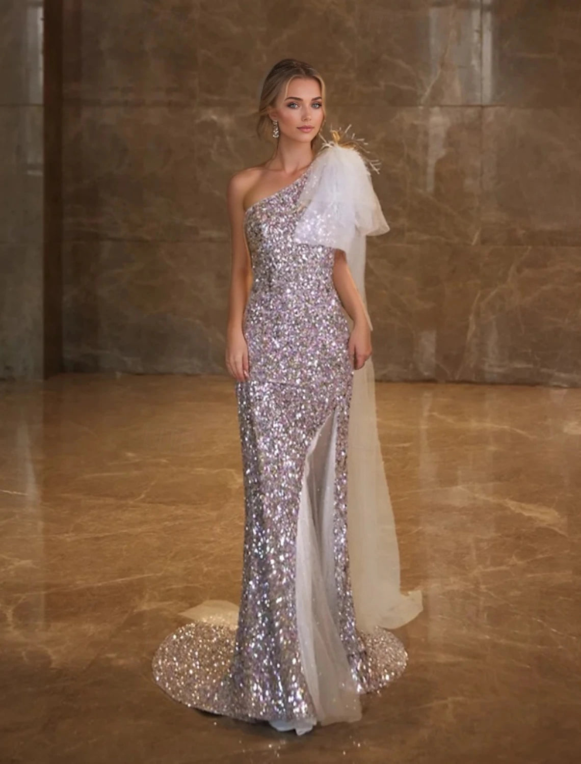 Mermaid / Trumpet Prom Dresses Elegant Dress Formal Wedding Sweep / Brush Train Sleeveless One Shoulder Tulle with Feather Glitte