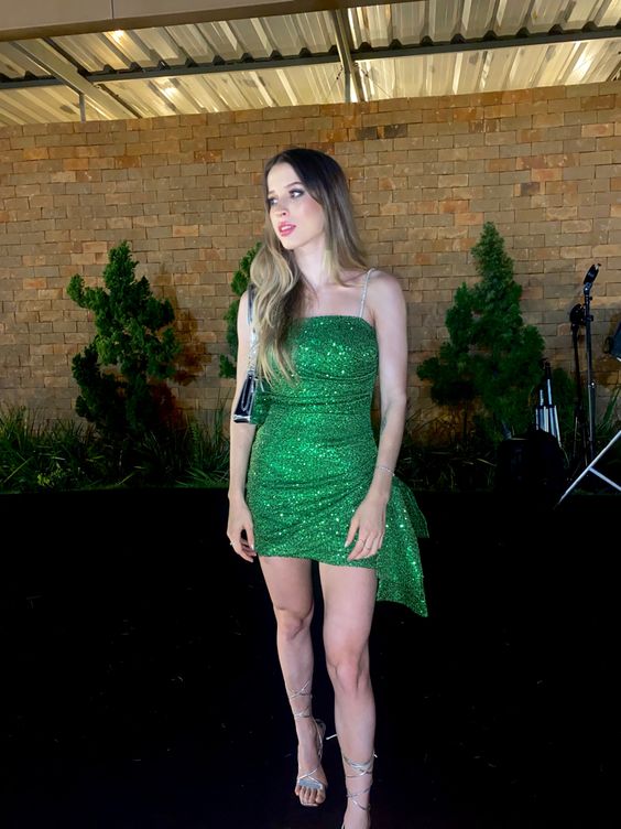 Green short sequin shoulder strap back to school dress, ball dress