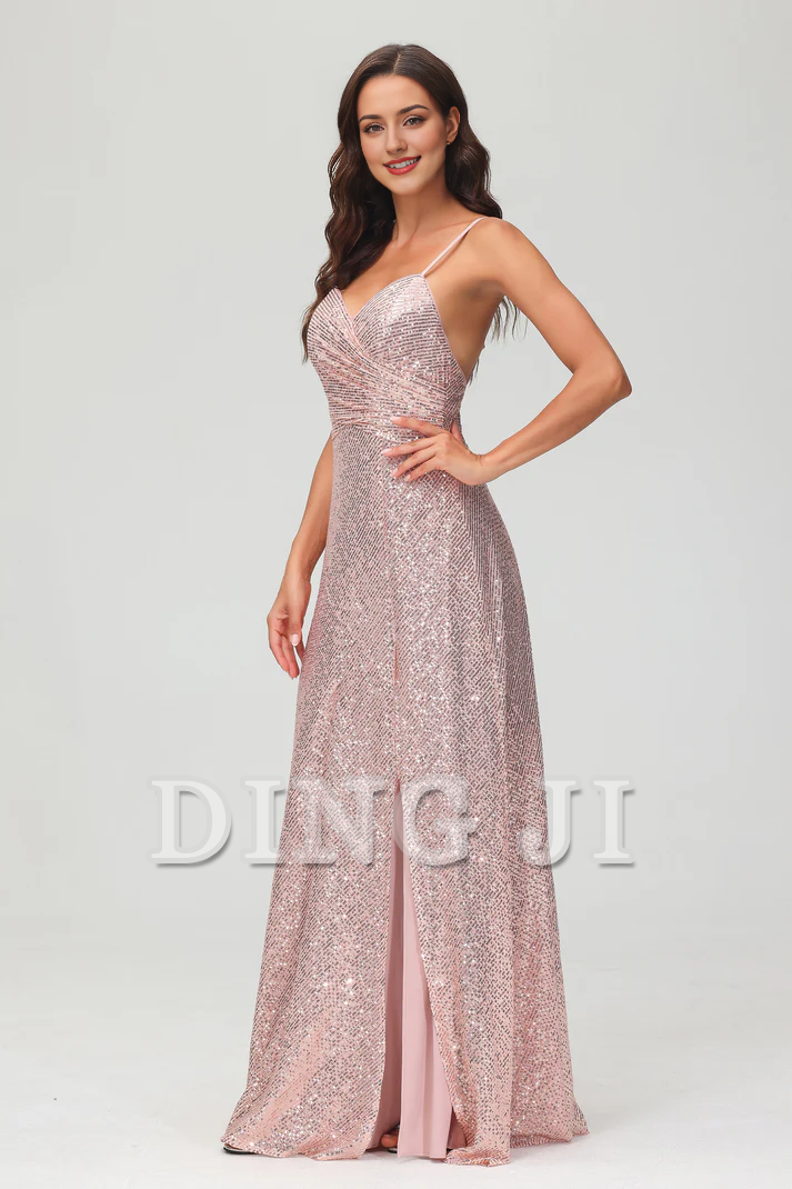 DingJiDress Evening Dress Sweetheart Spaghetti Straps Sequins Sheath Backless Long Dress Side Fork Floor-Length Charming Wedding Guest Dresses