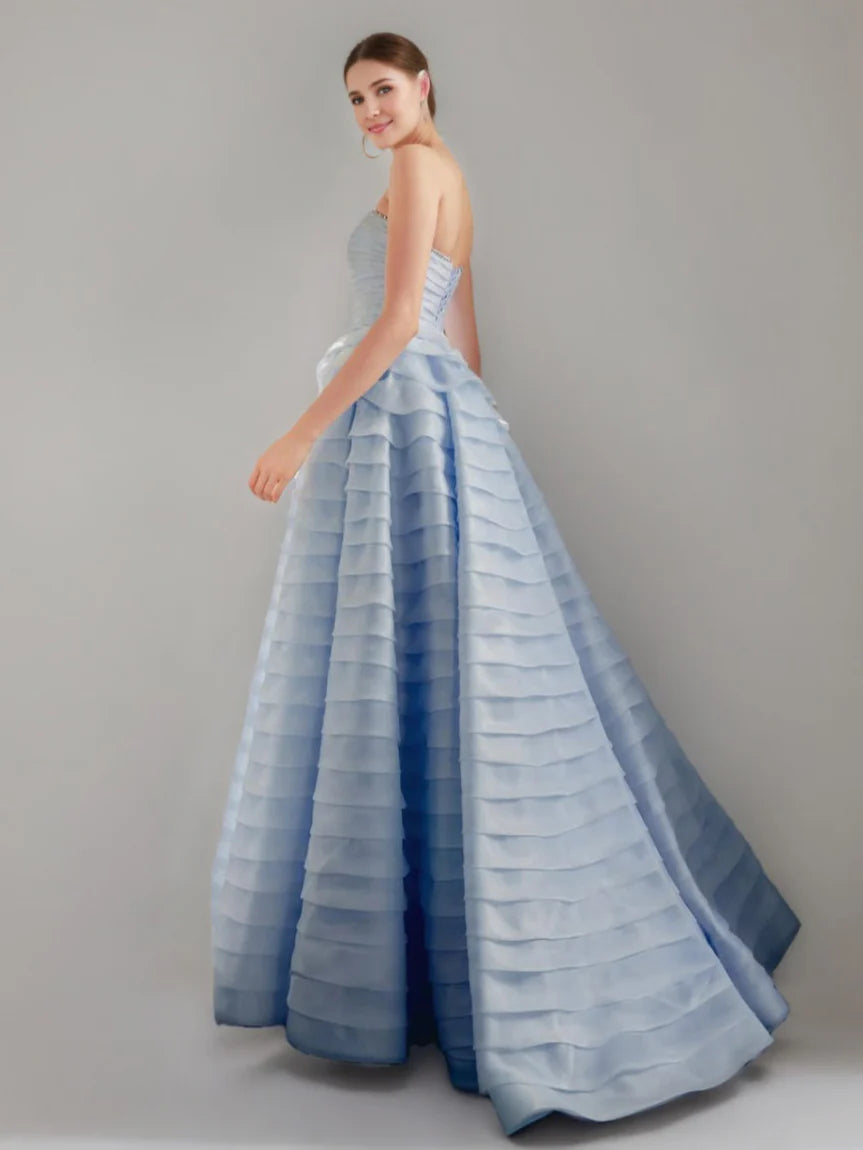 Blue long elegant strapless sleeveless floor length layered evening gown