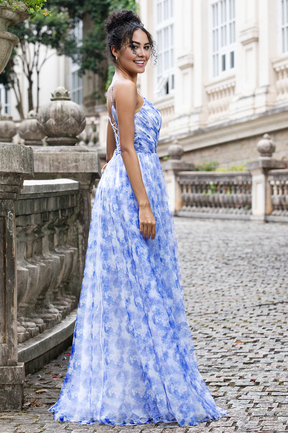 DingJiDress A Line Wedding Guest Dresses Spaghetti Straps Prom Dresses Floral Print Pleated Maxi Dress with Lace Up Back Blue