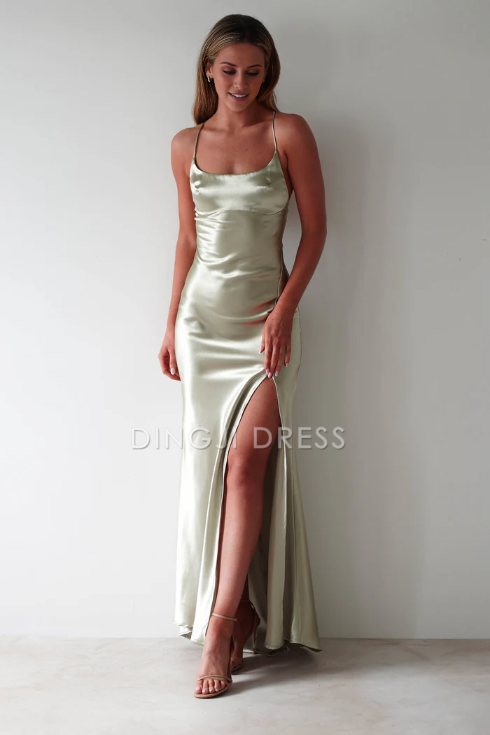 DingJiDress Figure Slimming Slip Dress Straight Neckline Low Back Adjustable Tie Straps Elegant Simple Prom Dress