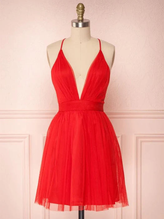 Simple Red V Neck Backless Tulle Homecoming Short Prom Cute Red Formal Evening Graduation